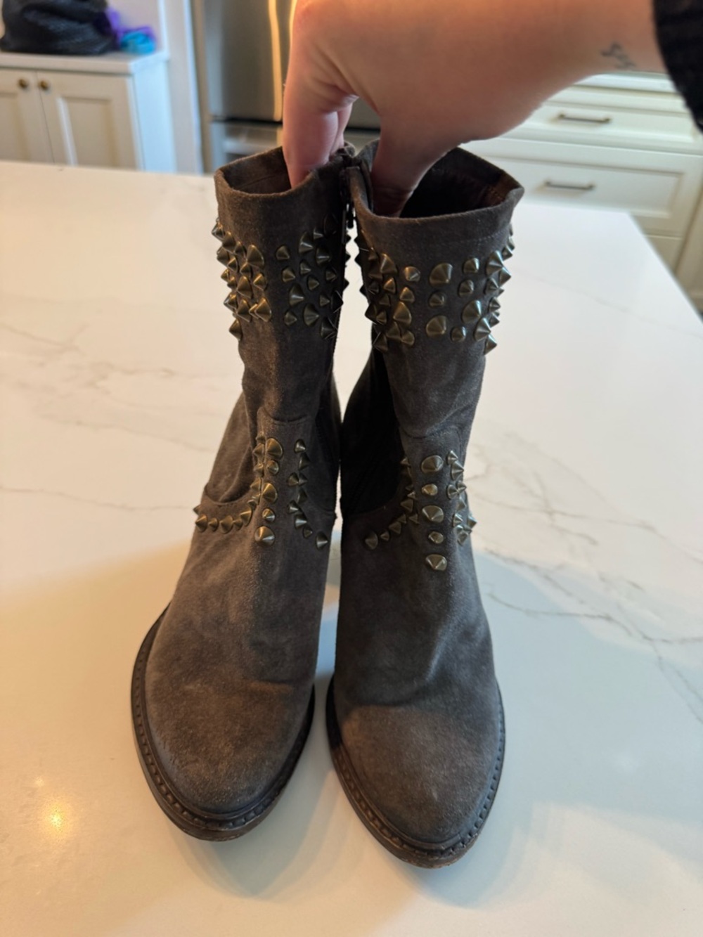 Vero Cuoio Gray Suede Studded Moto Ankle Boots